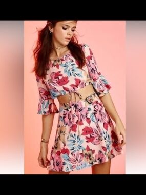 💕🍋 For Love And Lemons Floral Pink Tie-Front Mini Skirt And Top S So Cute!